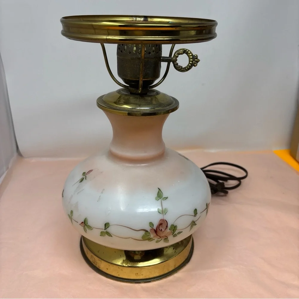 Vintage Floral White Glass Table Lamp with Pink Rose Detail • no top • works - Picture 1 of 16